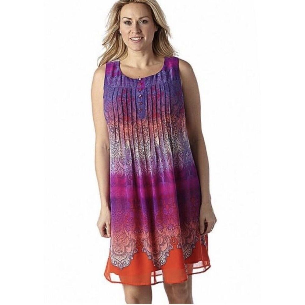 Chris McLaughin‎ Womens 12 Shift Dress Purple Orange Chiffon Pleated Lined